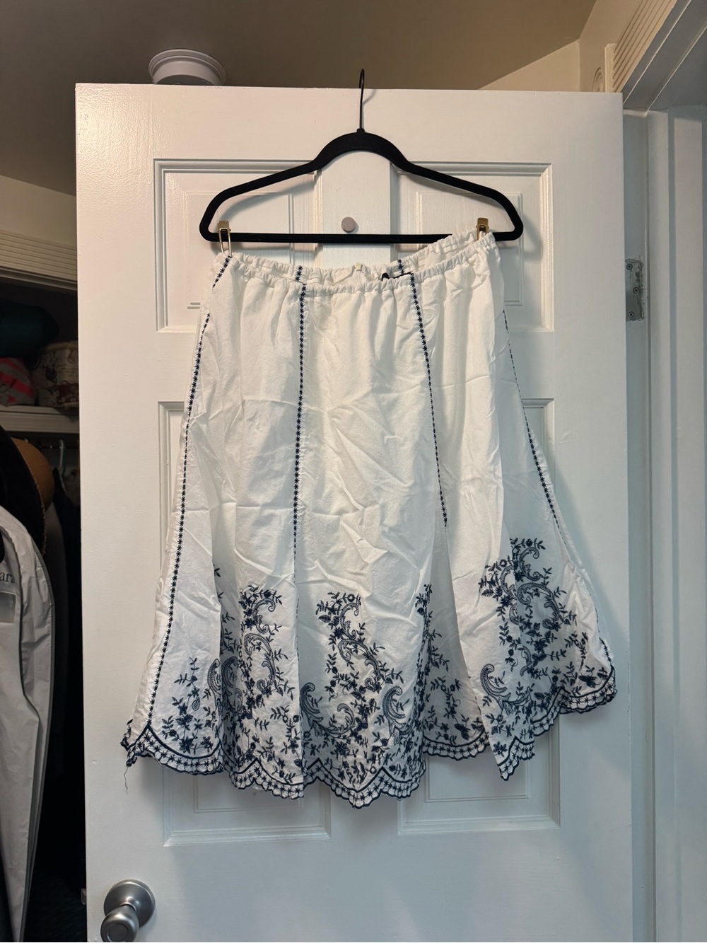 White A-Line Skirt with Navy Embroidered Hem